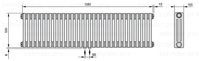Схема (чертеж) Радиатор Zehnder Charleston 3050/30 №3470 Белый глянцевый RAL 9016